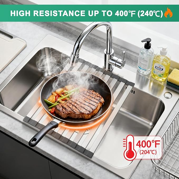 Hobychild 16.5" X 13" Roll Up Dish Drying Rack，Over The Sink Drying Rack 304 Stainless Steel Foldable Heat-Resistant Dishes Drainer for Kitchen and RV Sink Counter