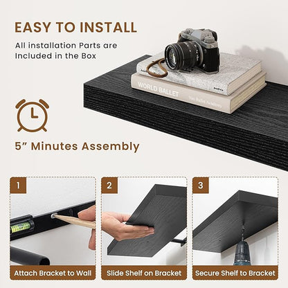 fuqing Floating Shelves for Wall, Wall Mounted Wood Floating Shelf with Invisible Brackets for Living Room, Bathroom, Bedroom, Kitchen Storage and Decor, 24 Inch Set of 2, Black