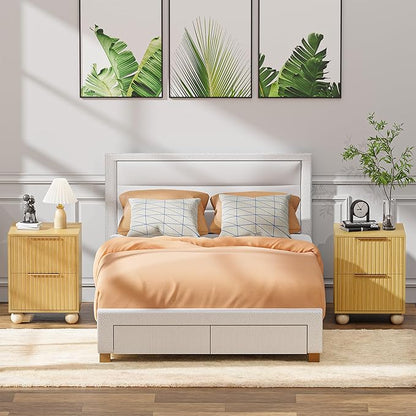 HOCAT Fluted Nightstand Set of 2, Natural Oak Finish Bedside Table with Spacious Storage Drawers, Night Stand with Solid Wood Round Legs for Bedroom, End Table, Side Table