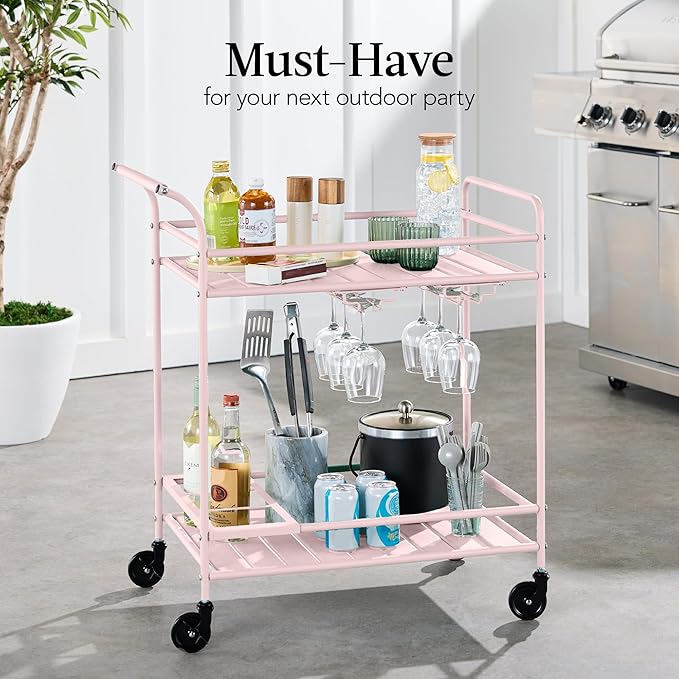 Best Choice Products Rolling Bar Cart, Mobile Home Bar Serving Cart, Serving Station w/ 2 Tier Shelves, Wine Rack, Lockable Wheels - Pink