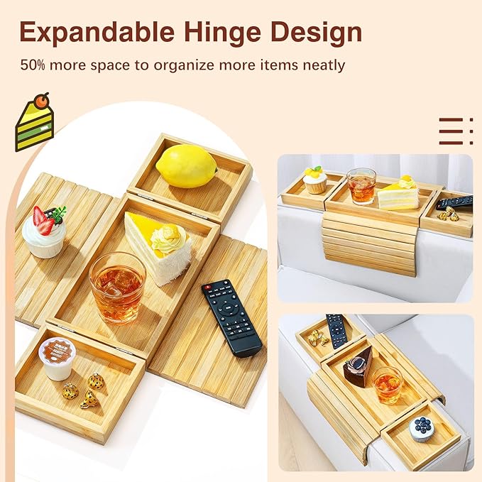 Couch Arm Tray, Expandable and Foldable Couch Armrest Table, Natural Bamboo Sofa Arm Tray, Non-Slip Armrest Organizer for Drink, Cup, Snack, Control, Fruit, Easy to Clean, Natural