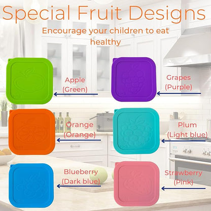 MHB 6-Pack 6oz Stainless Steel Snack Containers,Easy Open Leak-Proof Food Storage with Silicone Lids, Stackable Metal Lunch Box,Small Snacks Containers Portable Travel & Picnic, Fruit-Designed Lid