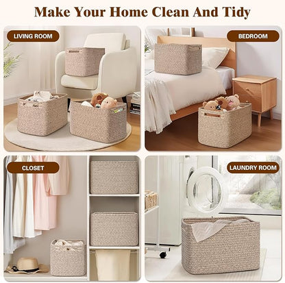 Storage Baskets for Organizing, 4 Pack Storage Baskets for Shelves, Woven Basket for Shelves, Closet Organization, Rectangle Organizer Basket Gifts Empty, 13"Lx8.7"Wx7.9"H Decorative Bins with Handles