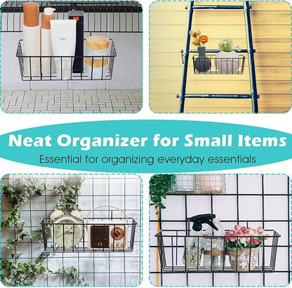 10 PCS Hanging Wire Baskets for Organizing - Hanging Metal Basket Storage with Wall Grid Panel, Rust-Resistant Iron for Kitchen Bathroom Home Decor (Black, 9x3.9x3 Inches)