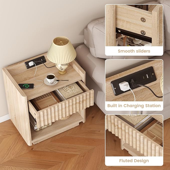 Bigbiglife Fluted Nightstand Set of 2 with Charging Station, 22" Modern Side Table with Drawer End Table with Open Storage, Bedside Table for Bedroom, Living Room, Natural Oak (2, Natural Oak)