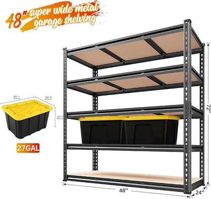 REIBII 48" W Garage Shelving 3020LBS Storage Shelves 5 Tier Industrial Shelving Adjustable Metal Storage Shelves for Garage, Basement, Warehouse, Commercial, Easy Assemble, 48" W x 72" H x 24" D