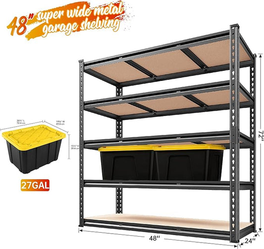 REIBII 48" W Garage Shelving 3020LBS Storage Shelves 5 Tier Industrial Shelving Adjustable Metal Storage Shelves for Garage, Basement, Warehouse, Commercial, Easy Assemble, 48" W x 72" H x 24" D