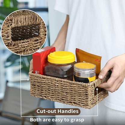 4 Small 3.6 QT Seagrass Wicker Baskets for Shelves, 10" Long Woven Pantry Organizers and Storage Basket, Decorative Ratten Shallow Rectangle Baskets for Organizing Countertop Kitchen
