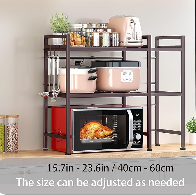 PUSDON Microwave Oven Rack, Adjustable Heavy Duty 3-Tier Shelf with 3 Hooks for Kitchen Counter Top Organizer, Holds 160lbs, Bronze