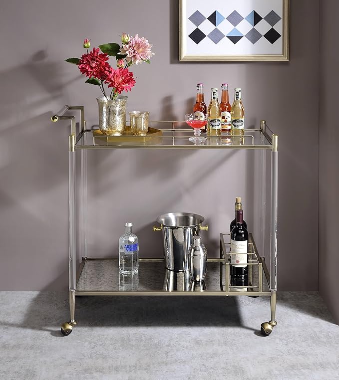 Cirro Glass Bar Cart with Antique Mirror, 2-Tier Serving Cart with Wire Brass Finish Frame, 39x16x37 Inch, Rolling Wheels
