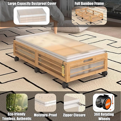 Bamboonova Bamboo Underbed Storage Containers with Wheels & Bag 2 Pack, Large Under Bed Rolling Storage Bins Wood Under Bed Clothes Storage Stackable Drawers for Bedroom Closet Under Crib Toy(Natural)