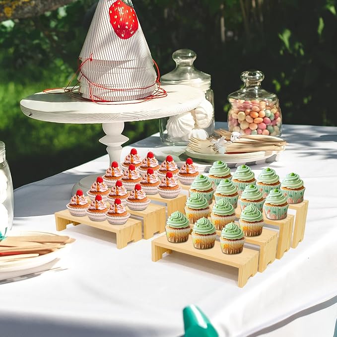 2 Set 8Pcs Large Display Riser Wood Risers Wooden Cupcake Display Stand 4Tiered Racks Perfume Display Dessert Food Stands for Vendors Event Party