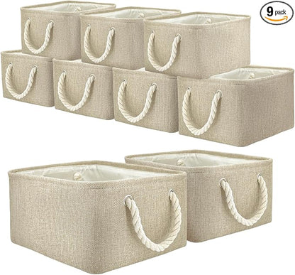 9 Pack Storage Basket Bins & Decorative Baskets Fabric Storage Cubes Containers Bulk W/Handles for Office, Home, Books, Clothes, Bedroom, Closet (Beige)