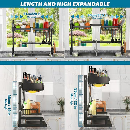 ADBIU Fit Sink 24.5"- 35.5" L Over Sink Dish Drying Rack (Expandable Dimension) Snap-On Design 2 Tier Large Kitchen Dish Rack Stainless Steel Counter Organization and Storage