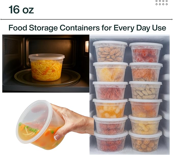 ProTakeOut 16oz [50 set] Heavy Duty Plastic Deli Container | BPA-Free Food Storage with Airtight Leak‑Proof Lids | Microwave, Freezer & Dishwasher Safe – Stackable, Bulk Reusable Soup & Meal Prep Tub