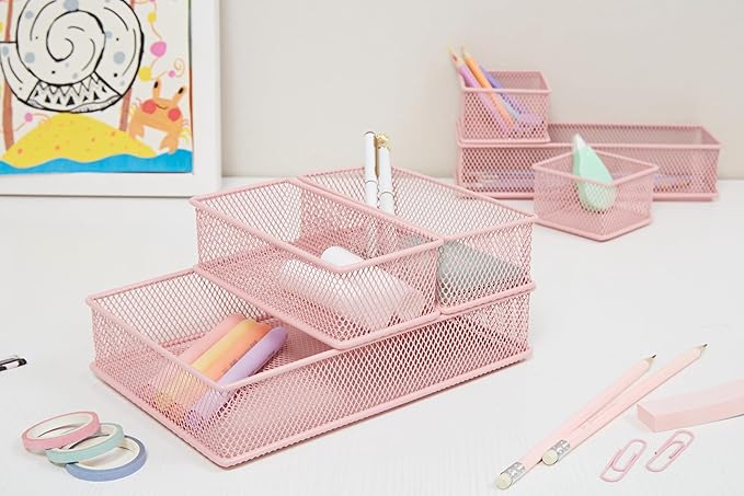 Annova Mesh Stackable Drawer Cabinet and Shelf Organizer Bins Storage Basket School Office Supply Holder Tray- Set of 2 (Light Pink, 6x15x2 Inch)