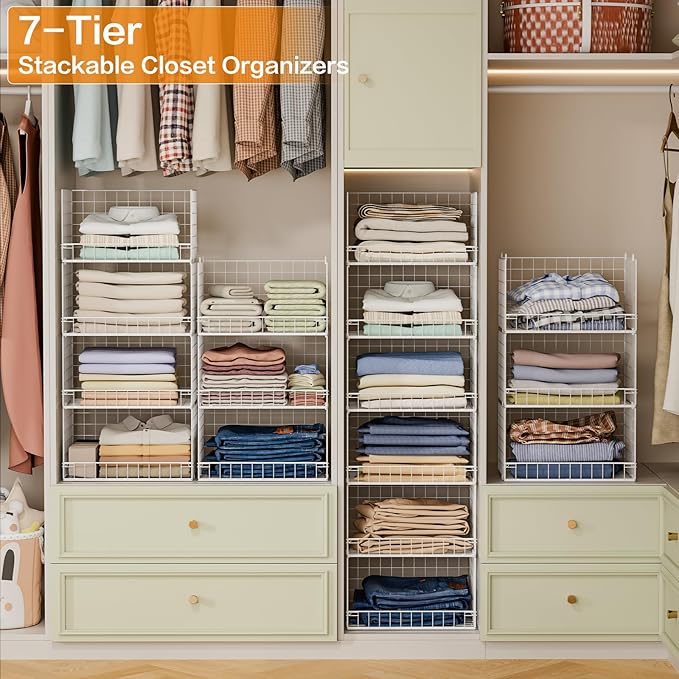 7-Tier Stackable Closet Organizers and Storage Shelves, Foldable Closet Shelf Organizer System, Stackable Storage Bins Drawers for Closet Organizer System, White(Patent Pending)