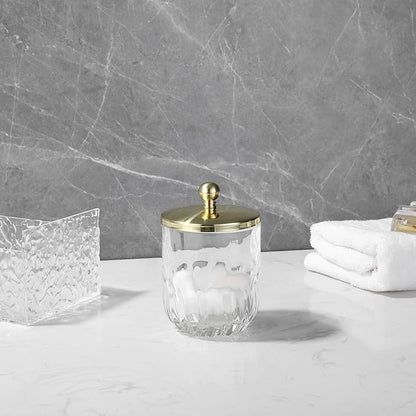 Indecor Home Clear Transparent Apothecary Vertical Wavy Glass Jar With Gold Metal Lid Cover for Bathroom Organization, Cotton Balls, Q Tips, and Small Accessories, Bathroom Storage