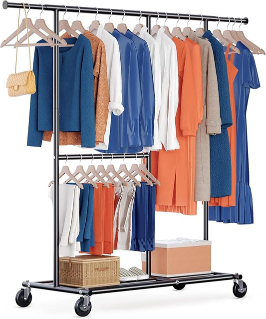 HOKEEPER Clothes Rack, Clothing Rack for Hanging Clothes Heavy Duty Garment Rack with Wheels Commercial Portable Freestanding Closet Rack with Shelves for Bedroom, Living Room, Laundry, Balcony, Black