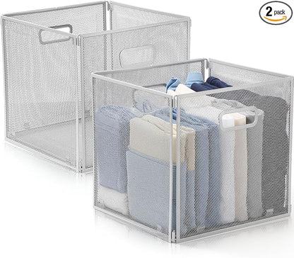 2 Pcs Foldable Metal Cube Storage Baskets 13x13 Kitchen Wire Baskets Stackable Mesh Laundry Organizer Bin with Handles for Shelves Kitchen Pantry Cabinets Closet Food (Gray)