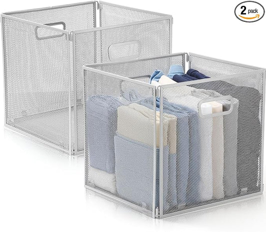 2 Pcs Foldable Metal Cube Storage Baskets 13x13 Kitchen Wire Baskets Stackable Mesh Laundry Organizer Bin with Handles for Shelves Kitchen Pantry Cabinets Closet Food (Gray)