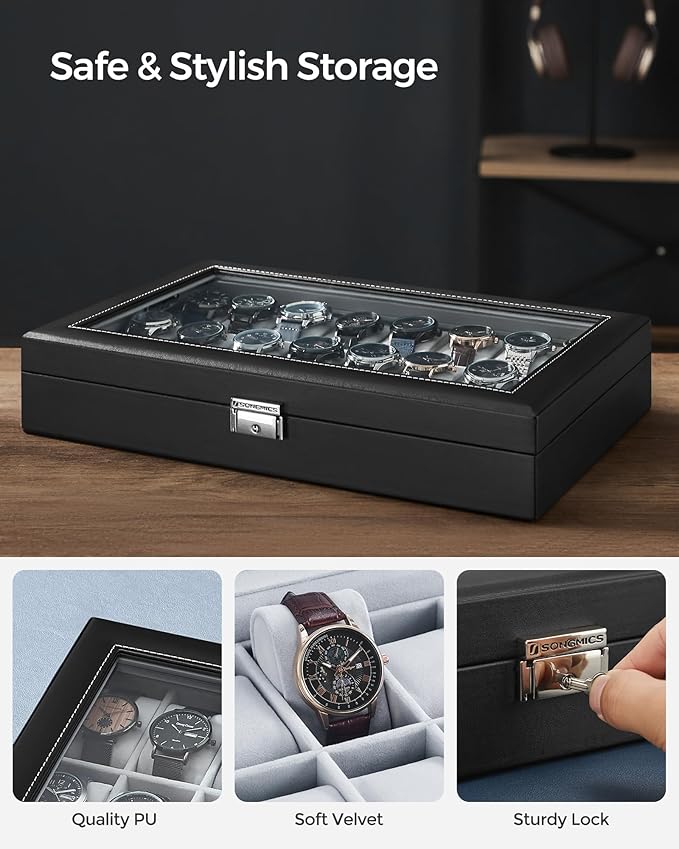SONGMICS 24-Slot Watch Box, Lockable Watch Storage Case with Glass Lid, Gift Idea, Ink Black Synthetic Leather, Dove Gray Lining UJWB024