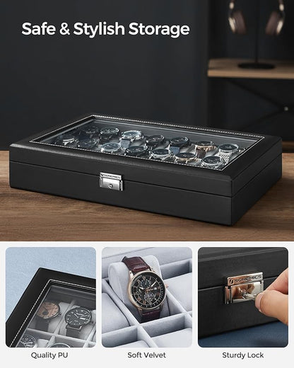 SONGMICS 24-Slot Watch Box, Lockable Watch Storage Case with Glass Lid, Gift Idea, Ink Black Synthetic Leather, Dove Gray Lining UJWB024