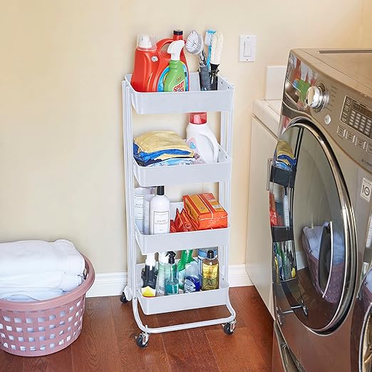 ECR4Kids 4-Tier Metal Rolling Utility Cart, Multipurpose Storage, White