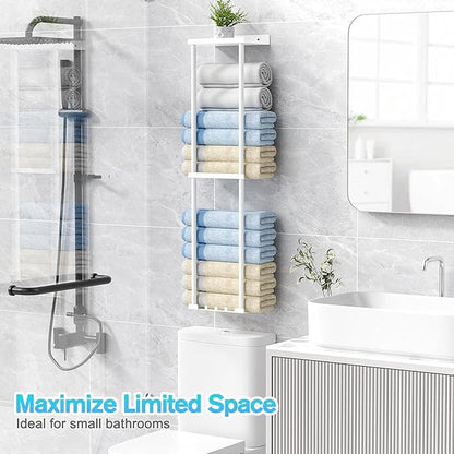 Towel Rack for Bathroom, Wall Mounted Vertical Rolled Towel Storage Organizer Holder with Shelf, Holds Up 6 Large Bath Sheets, White