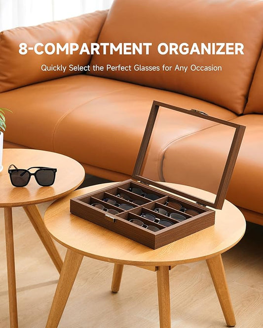CO-Z Sunglasses Organizer with 8 Slots, Wood Eyeglasses Storage Box for Women Men, Lockable Display Case for Multiple Glasses, Glasses Holder for Watches Jewelry Collection, Walnut