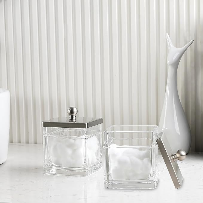 Indecor Home Glass Cotton Jar Holder 2 Pack– Satin Nickel Lid, Elegant Bathroom Storage Canister for Qtips, Cotton Balls, Floss, Makeup Organizer, Vanity & Bathroom Organization