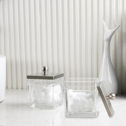 Indecor Home Glass Cotton Jar Holder 2 Pack– Satin Nickel Lid, Elegant Bathroom Storage Canister for Qtips, Cotton Balls, Floss, Makeup Organizer, Vanity & Bathroom Organization