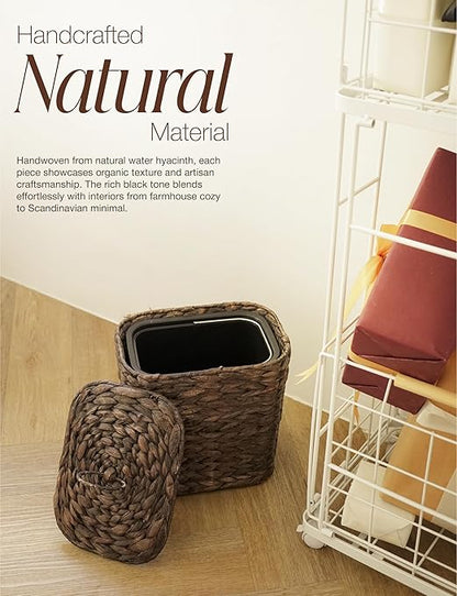 Wicker Waste Basket - Wicker Trash Can with Lid - Water Hyacinth Bathroom Garbage Can with a Lid - Bathroom Trash Can Boho Style - Removable Liner, Iron Frame (Black, 2 Gallons)