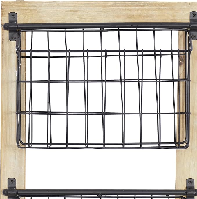Deco 79 Metal 3 Slot Magazine Rack Holder with Wood Frame and Suspended Wire Baskets, 14" x 5" x 34", Black