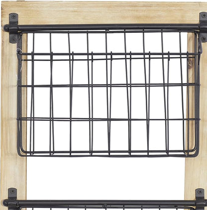 Deco 79 Metal 3 Slot Magazine Rack Holder with Wood Frame and Suspended Wire Baskets, 14" x 5" x 34", Black