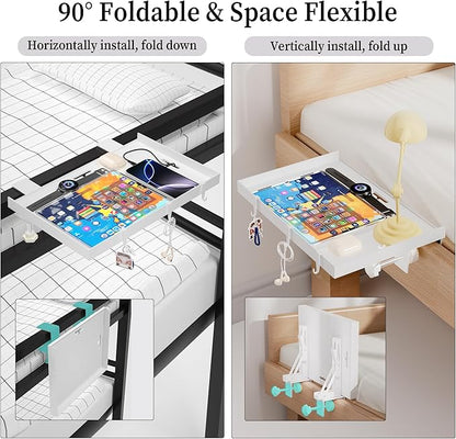 Foldable Bedside Shelf, Metal Clip-On Bed Tray Table for Bunk Bed & Dorm Beds, Dorm Room Essentials Organizer for College Students, Floating Tray, Space Saving Nightstand for Loft Beds (White, Large)