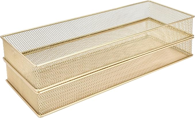 Annova Mesh Stackable Drawer Cabinet and Shelf Organizer Bins Storage Basket School Office Supply Holder Tray- Set of 2 (Gold, 6x15x2 Inch)