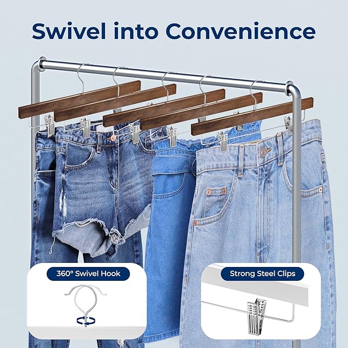 SereneLife 30 Pack Skirt and Pant Hanger with Adjustable Non-Slip Steel Clips, Premium Wooden, 360° Swivel Hook & 10 lb Capacity – Space-Saving Heavy-Duty Hangers for Jeans, Shorts & Slacks (Brown)