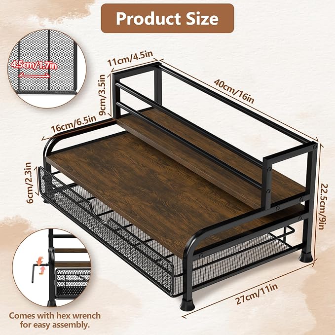 Coffee Syrup Rack Organizer, 3-Tier 8 Bottles Syrup Rack with 35 K Cup Storage Basket for Coffee Bar, Countertop Bottle Holder Stand for Wine, Dressing for Kitchen Cafe Station
