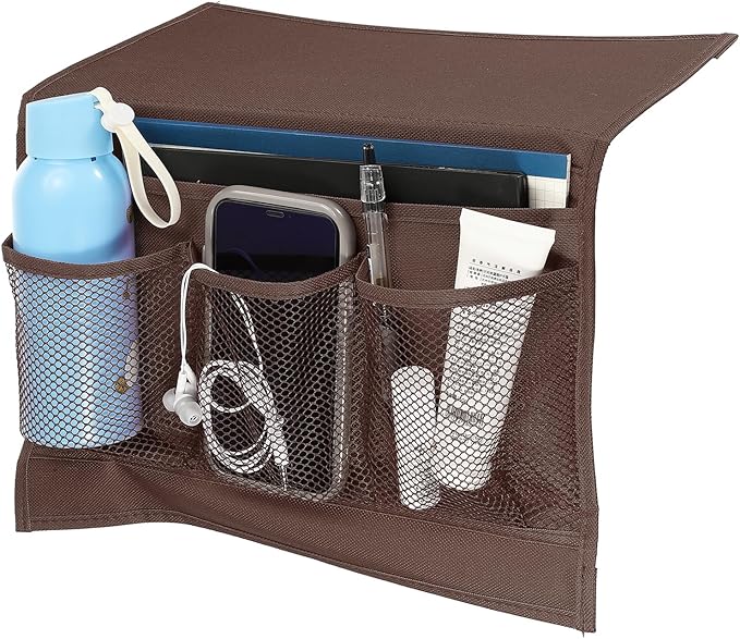 PATIKIL Bedside Caddy, Bedside Organizer with 5 Pockets, Brown, Canvas, Minimalist Style