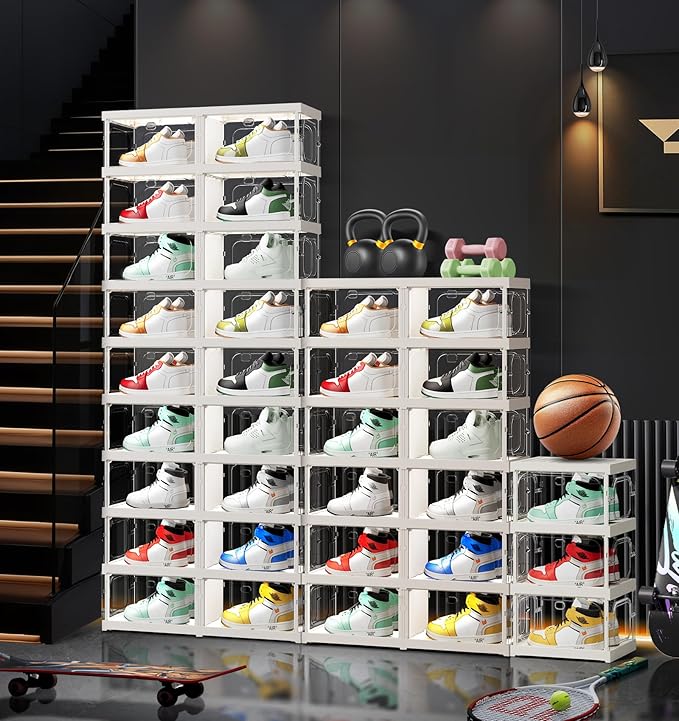 CIMLORD 9-Tier 18-Pairs Foldable Shoe Rack with Magnetic Doors,4-Sided Clear Design,Taller Storage for High Shoes & Sneakers,Stackable Shoe Storage Cabinet Space-Saving Organizer for Closet,Cloakroom