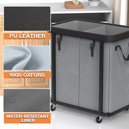 190L (50 Gal) Large Fashion Laundry Basket with Wheels, Leather Patchwork Rolling Hamper Carts, Sturdy Metal Frame, Removable Washable Bag, Tall Clothes Sorter for Bedroom - 2 Setion Gray