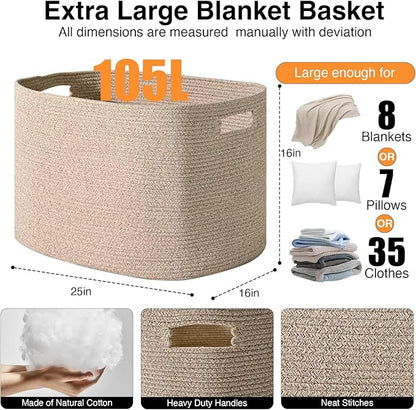Large Storage Basket for Organizing, Blanket Basket for Living Room, Large Toy Baskets for Storage, Woven Cotton Rope Baskets for Blankets, Clothes, Shoes, Brown, 25”x16”x16” (105L)