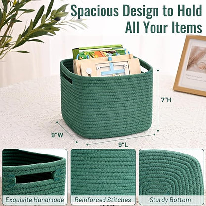 3 Pack Cube Storage Bin, 9”x9”x7” Cotton Rope Woven Baskets for Organizing Toys Clothes Towels, Square Gift Storage Baskets for Shelf, Nursery, Closet, Bathroom, Pantry (Green)