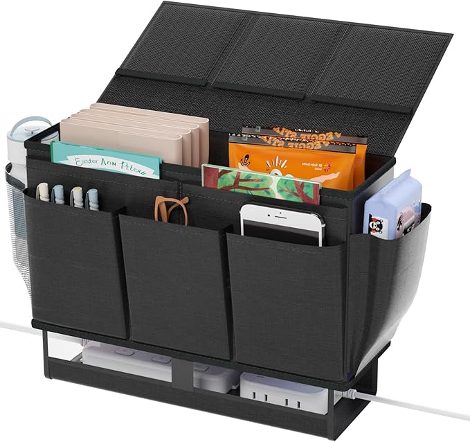 Frjjthchy Bedside Caddy, Bed Organizer with 11 Pockets and Power Strip Holder,Versatile Bedside Storage Caddy for Home,Dorm,Bunk,Hospital,Crib Bed (Black)