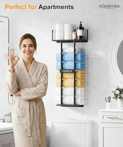 KIMBORA Towel Racks for Bathroom with Top Towel Shelf Hold 8 Large Rolled Towels, 36" Wall Mounted Bathroom Towel Storage Organizer for Small Bathroom, Camper, Rv (Black)
