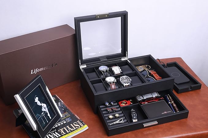 Lifomenz Co Mens Jewelry Box Valet Tray with Drawer and Charging Station Organizer,Nightstand Organizer for Men Jewelry Tray,Catchall Tray for Men Accessories