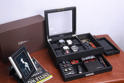 Lifomenz Co Mens Jewelry Box Valet Tray with Drawer and Charging Station Organizer,Nightstand Organizer for Men Jewelry Tray,Catchall Tray for Men Accessories