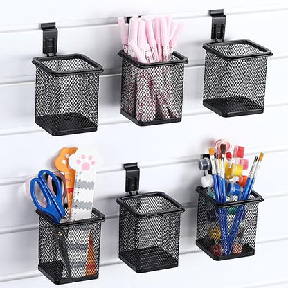 6 Set Slatwall Cup with Hook Black Metal Slatwall Bin Pencil Mesh Wire Holder Slat Wall Accessories for Organizing Various Tools, Garage Home Workshop Office(Square)