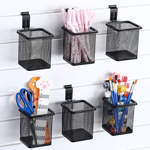 6 Set Slatwall Cup with Hook Black Metal Slatwall Bin Pencil Mesh Wire Holder Slat Wall Accessories for Organizing Various Tools, Garage Home Workshop Office(Square)